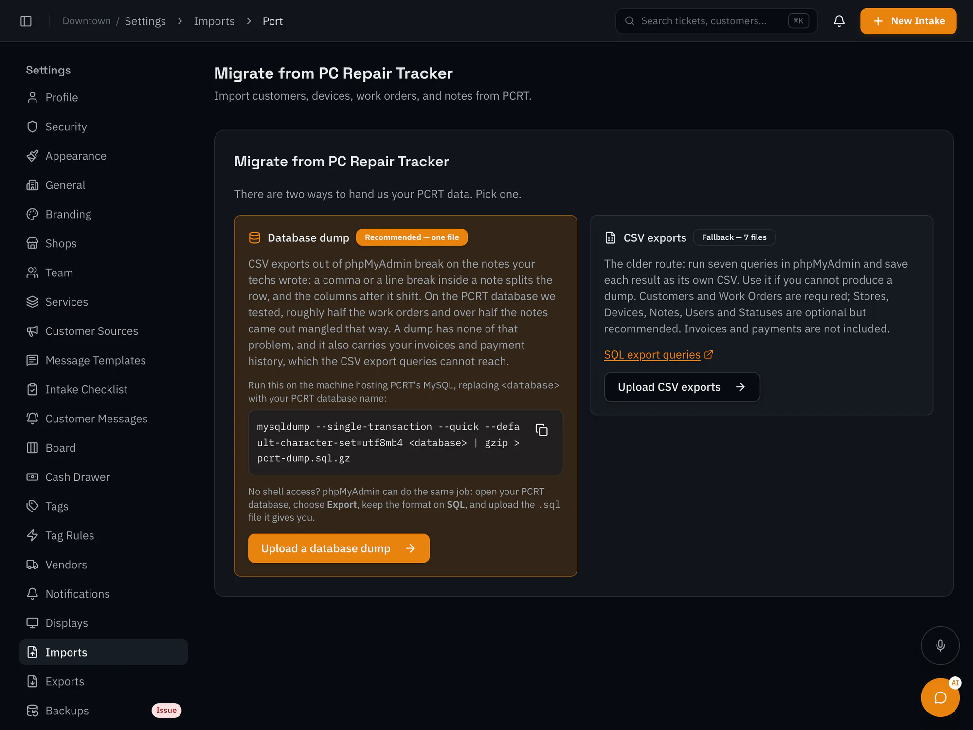 RepairOps migration screen for PC Repair Tracker: upload one database dump (recommended, with the mysqldump command to run) or seven CSV exports as a fallback.