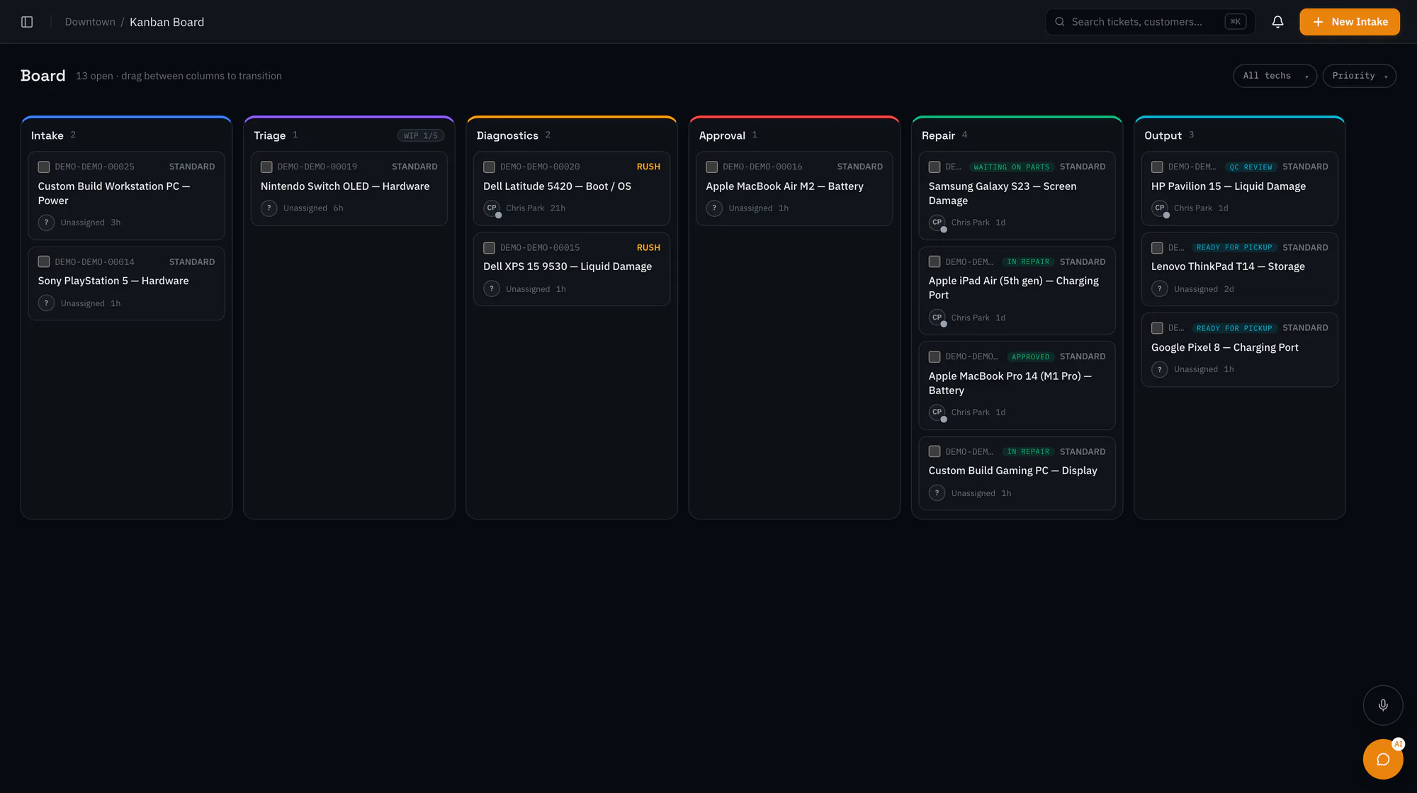 RepairOps Kanban board with repair tickets in intake, triage, diagnostics, approval, repair, and output columns.