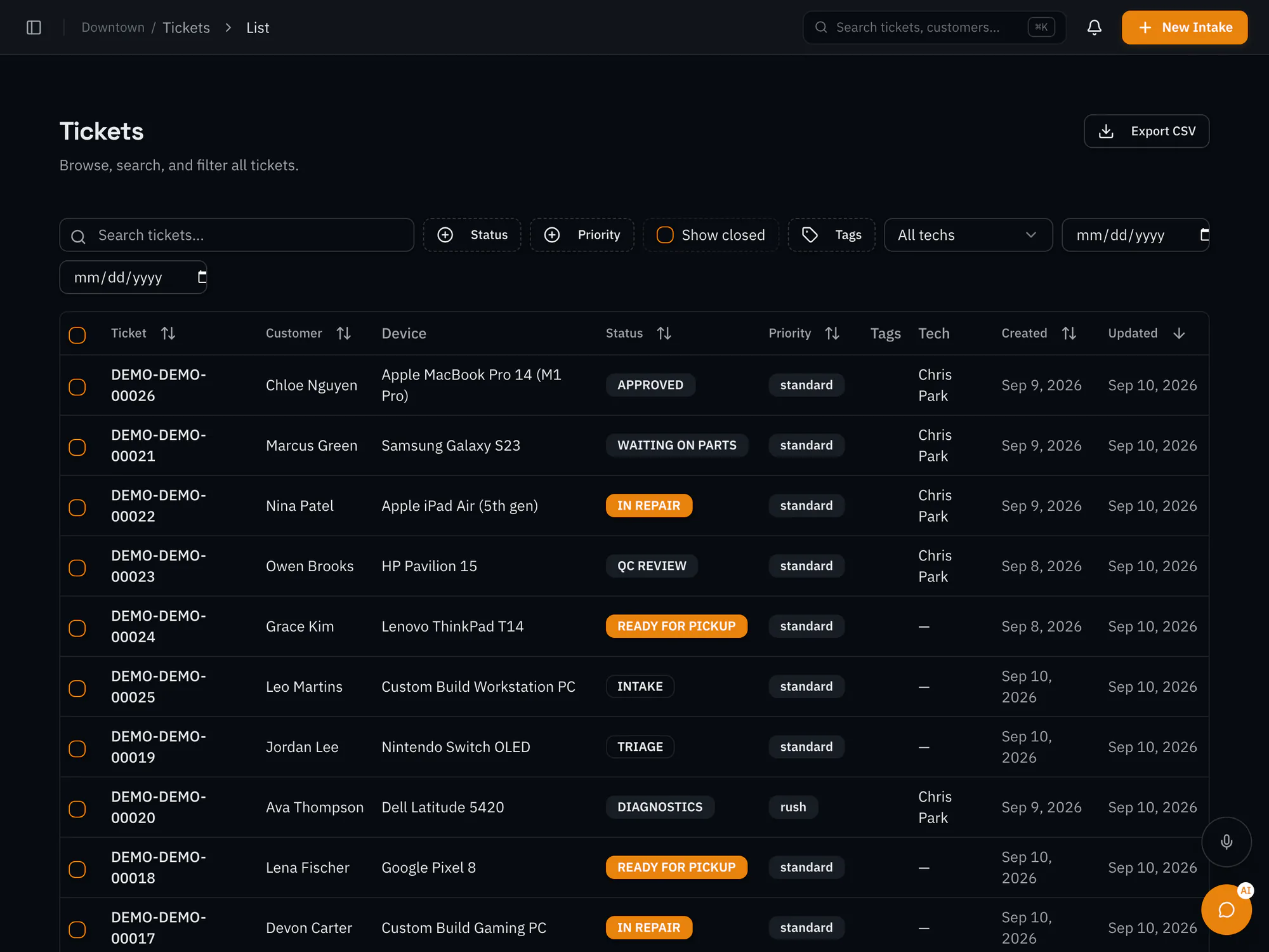 RepairOps ticket list with ticket numbers, customers, devices, statuses, priorities, and technicians.