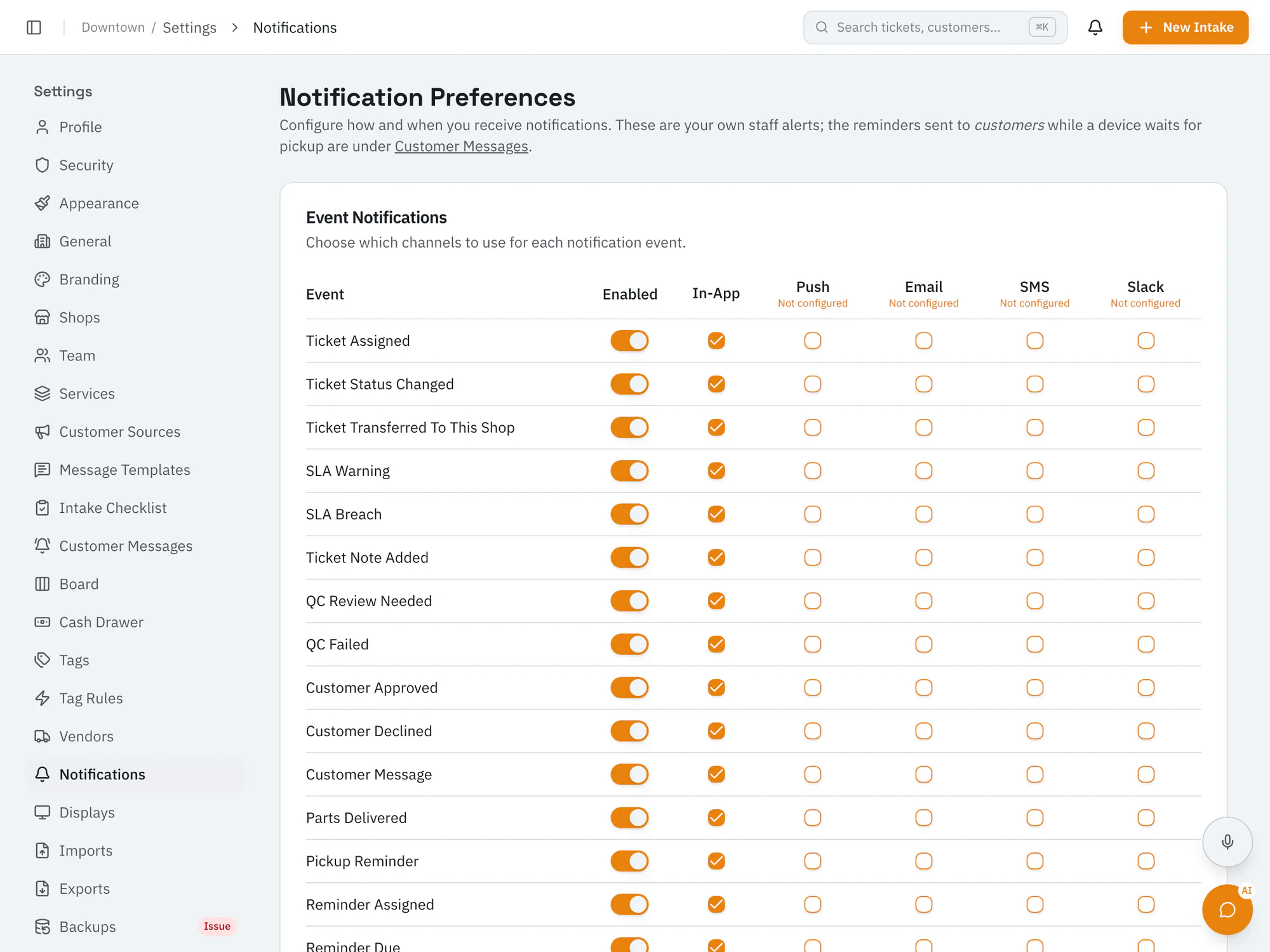 RepairOps notification preferences for choosing which updates staff receive and on which channels.