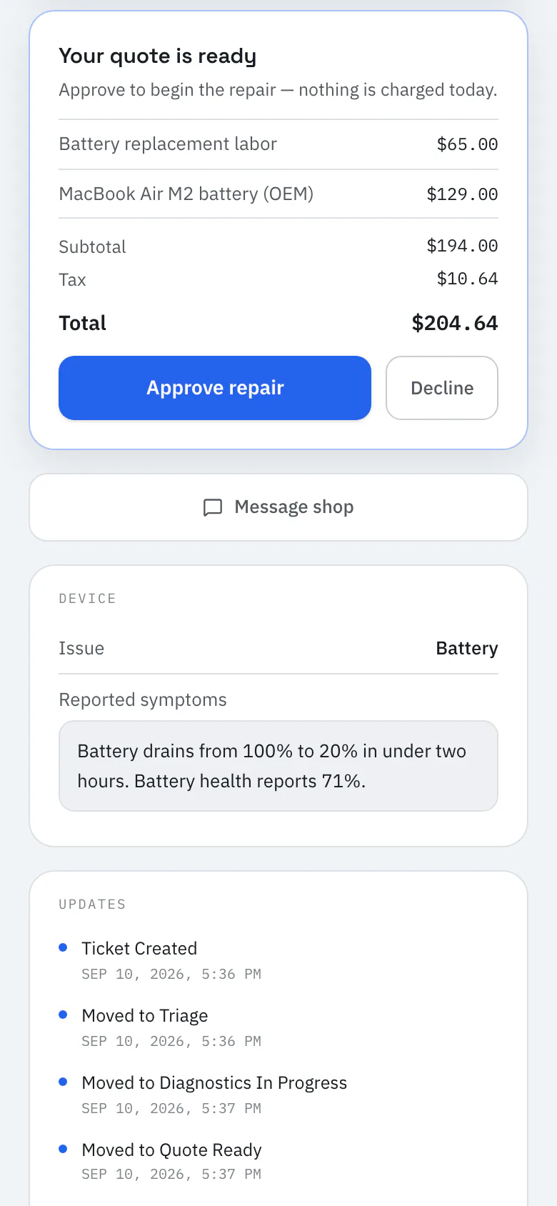 RepairOps customer portal on a phone with a quote ready to approve: labor and part lines, tax, the total, and Approve repair and Decline buttons.