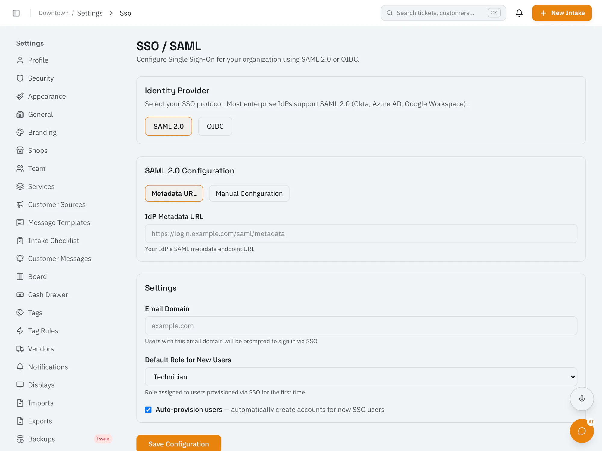 RepairOps SSO settings for configuring SAML sign-in.
