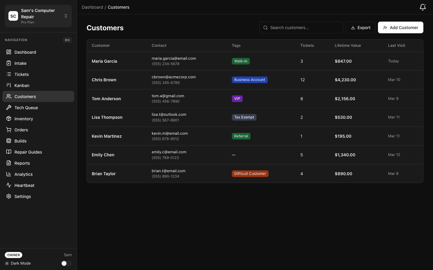 Customers screen