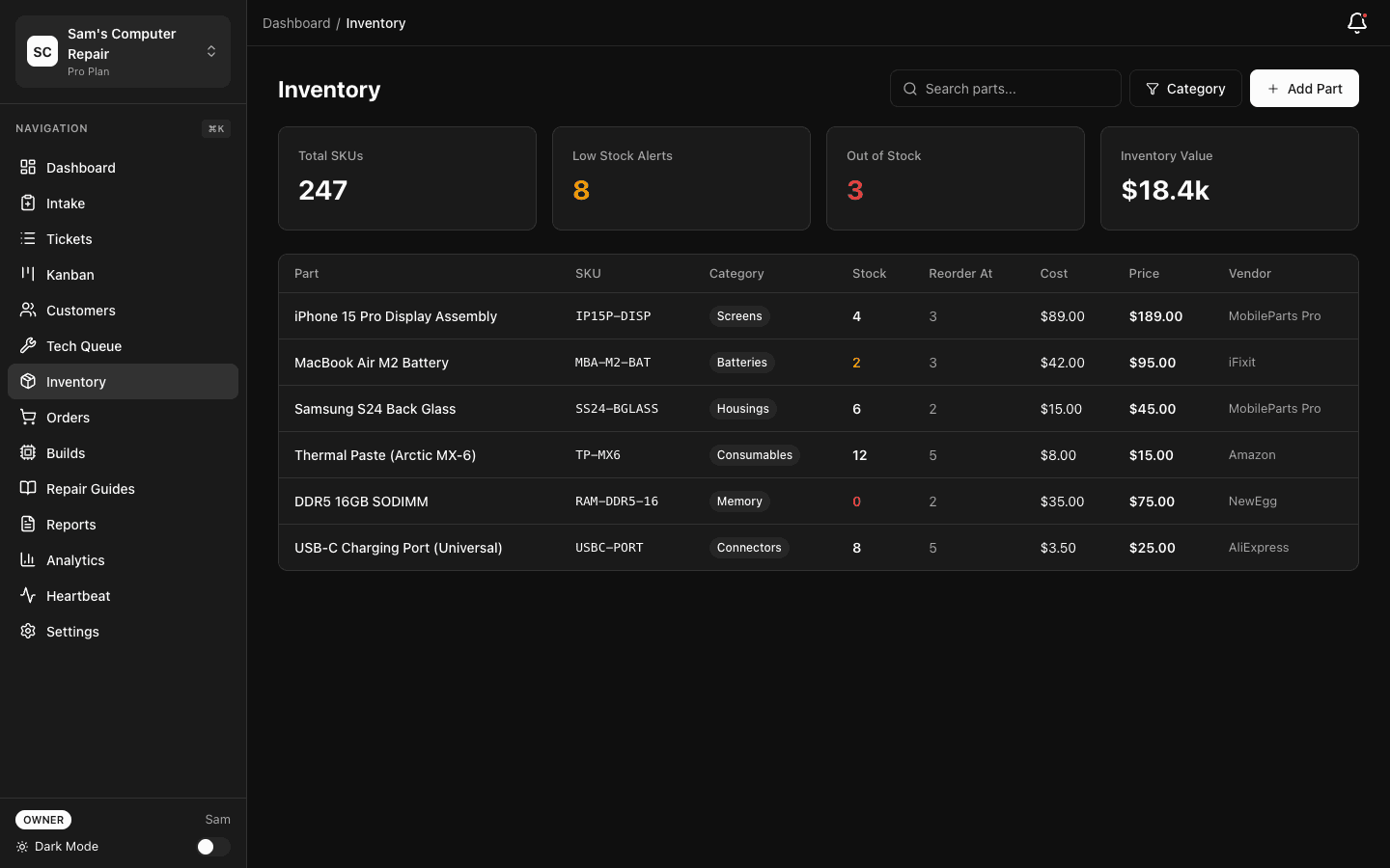 Inventory screen