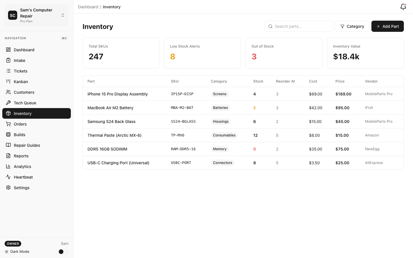 Parts catalog with stock levels and reorder points
