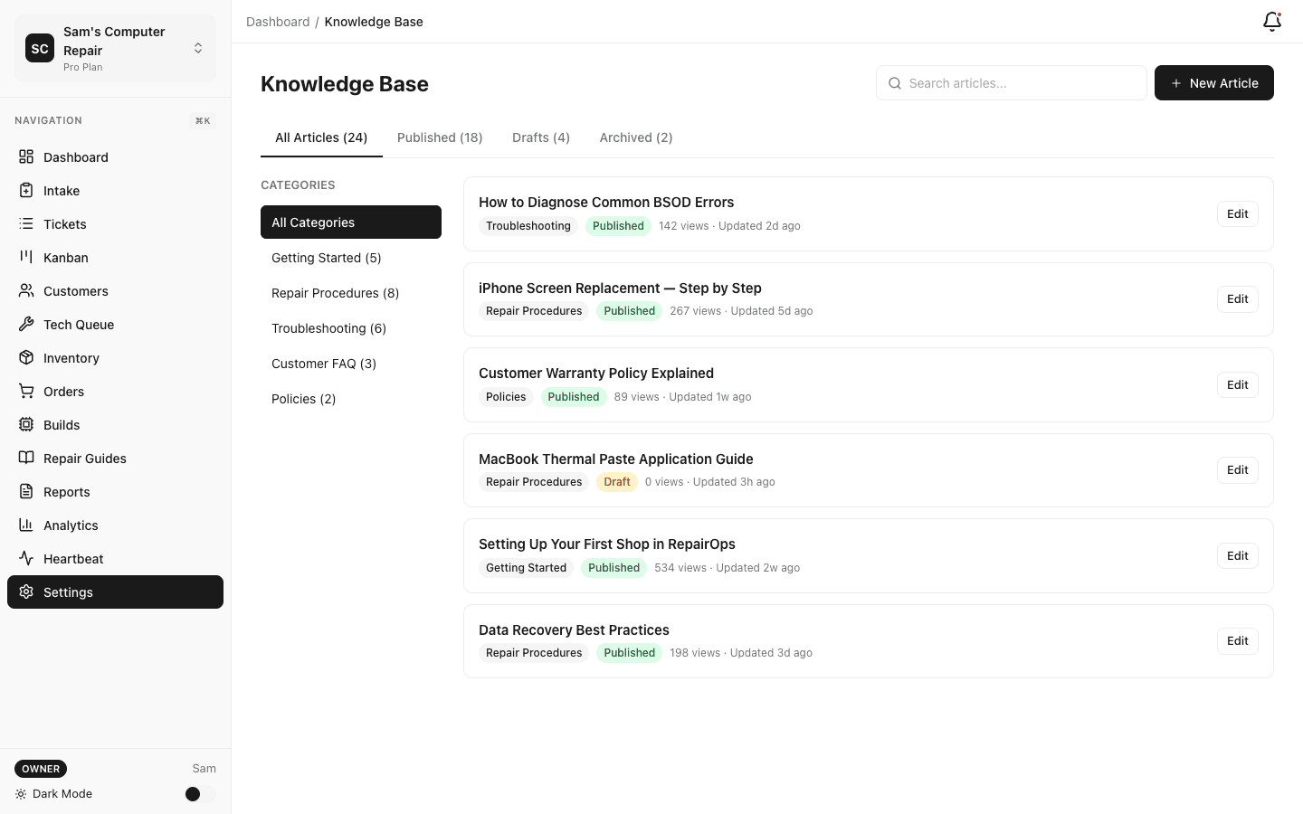 Searchable knowledge base with categories