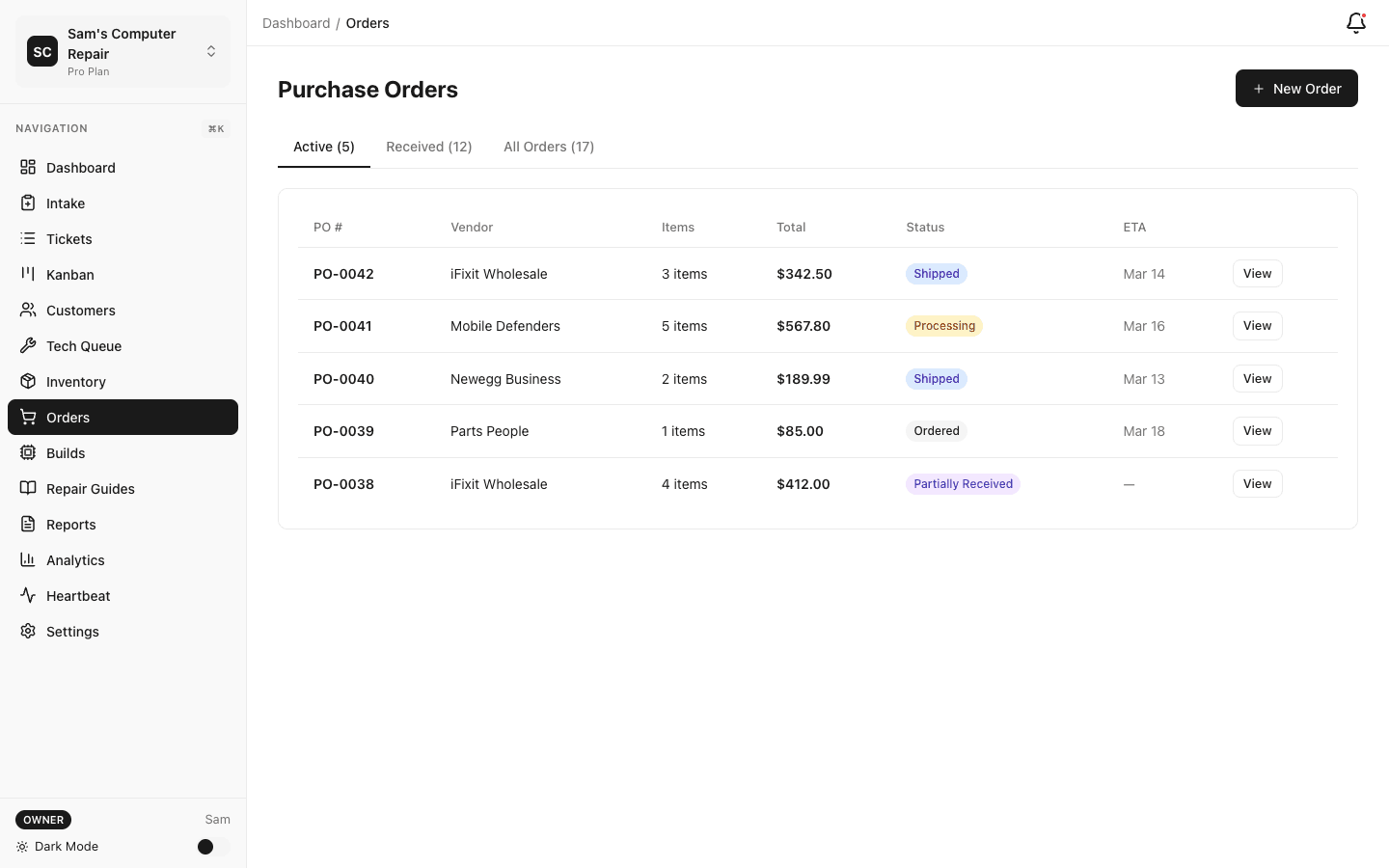 Orders screen