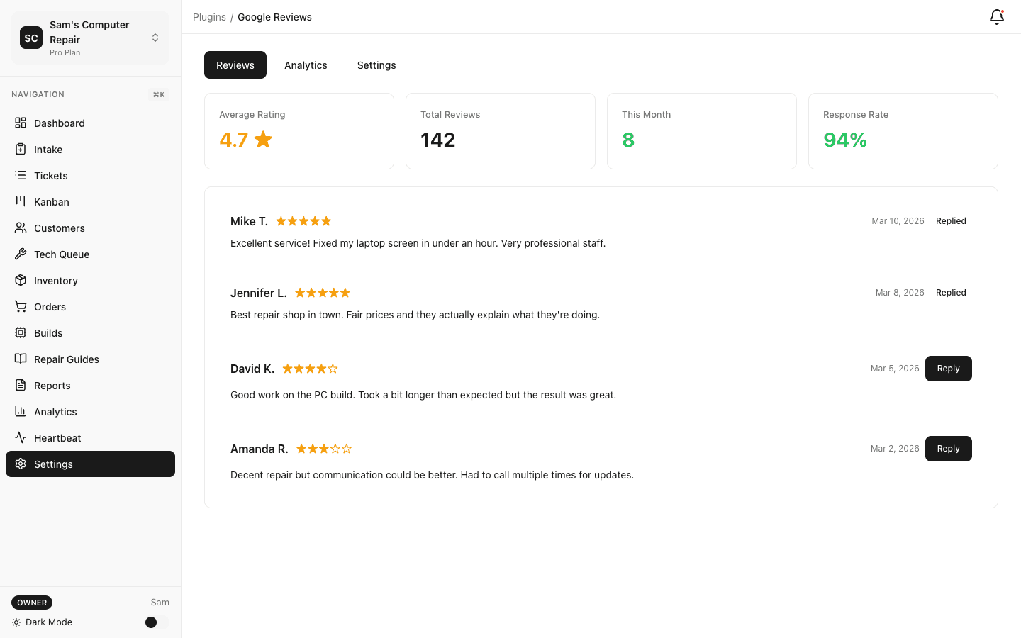 Google Reviews integration showing customer feedback