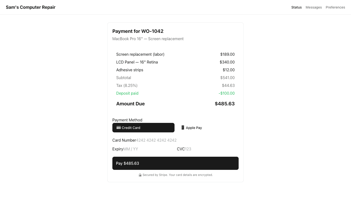 Online payment through customer portal