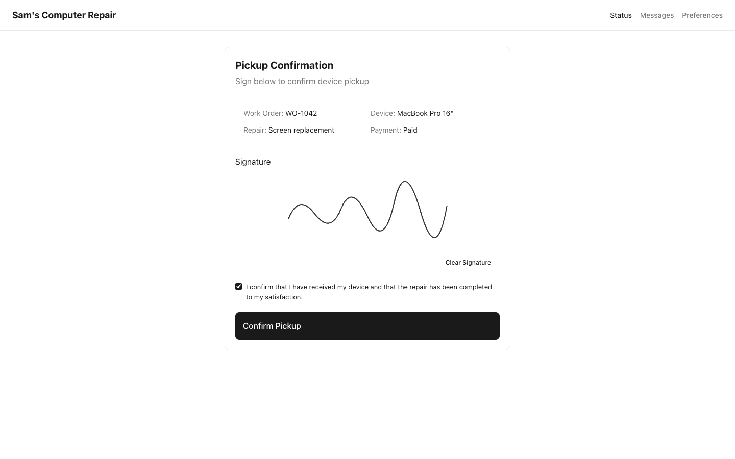 Digital signature capture for device pickup