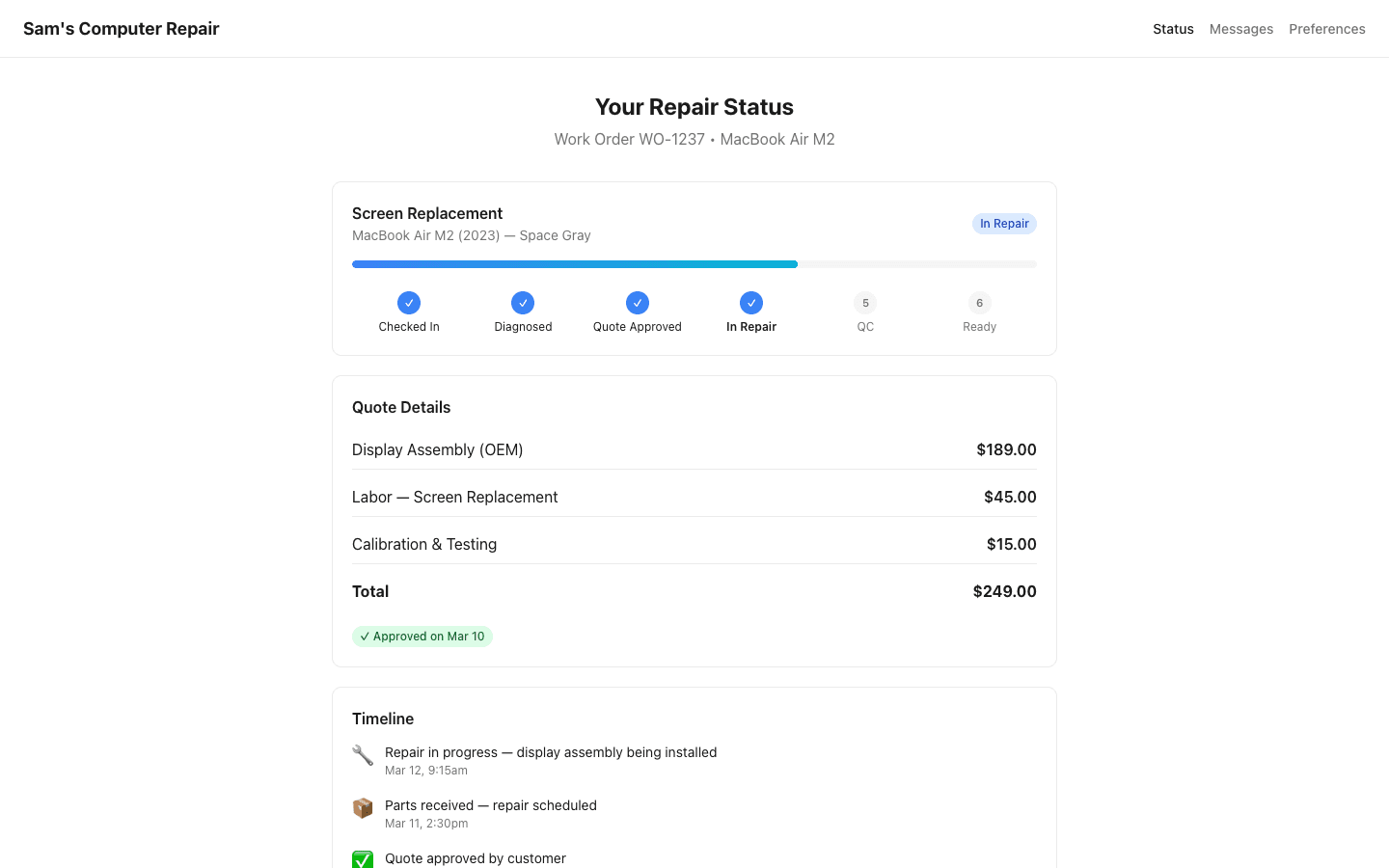 Customer repair tracking portal on desktop