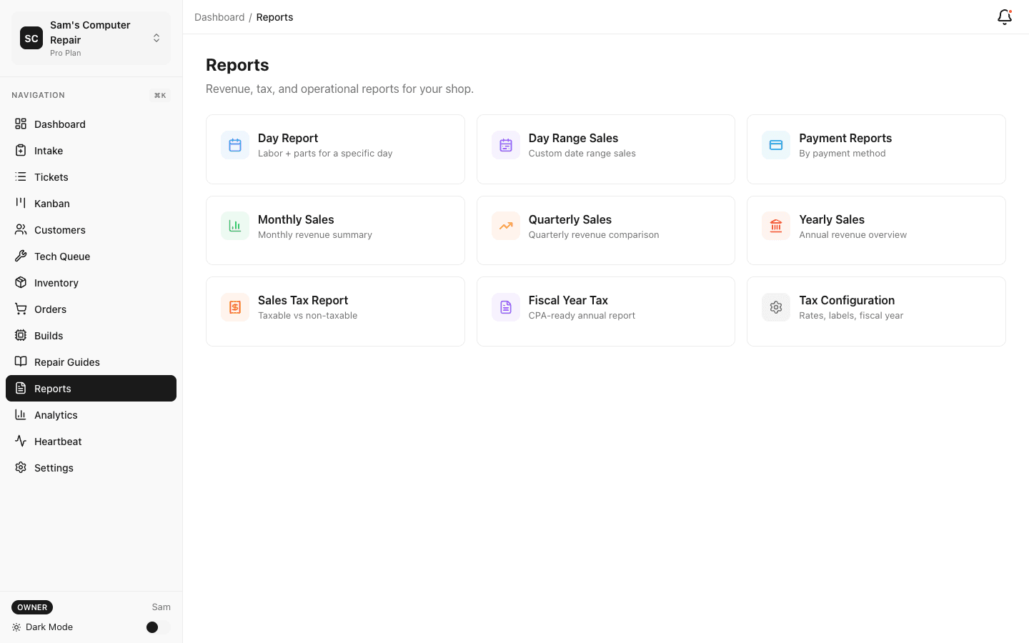 Reports screen