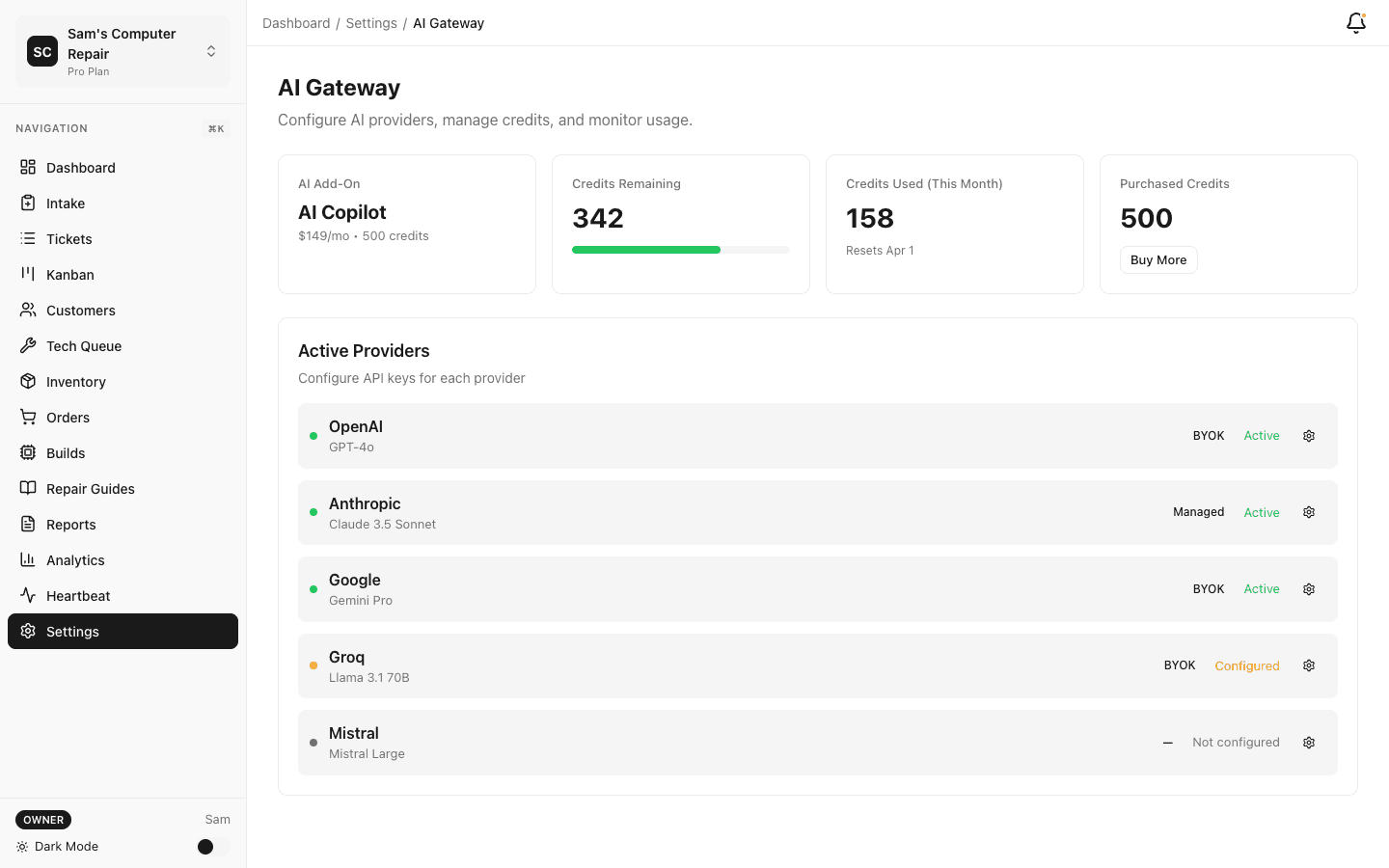 AI provider configuration settings