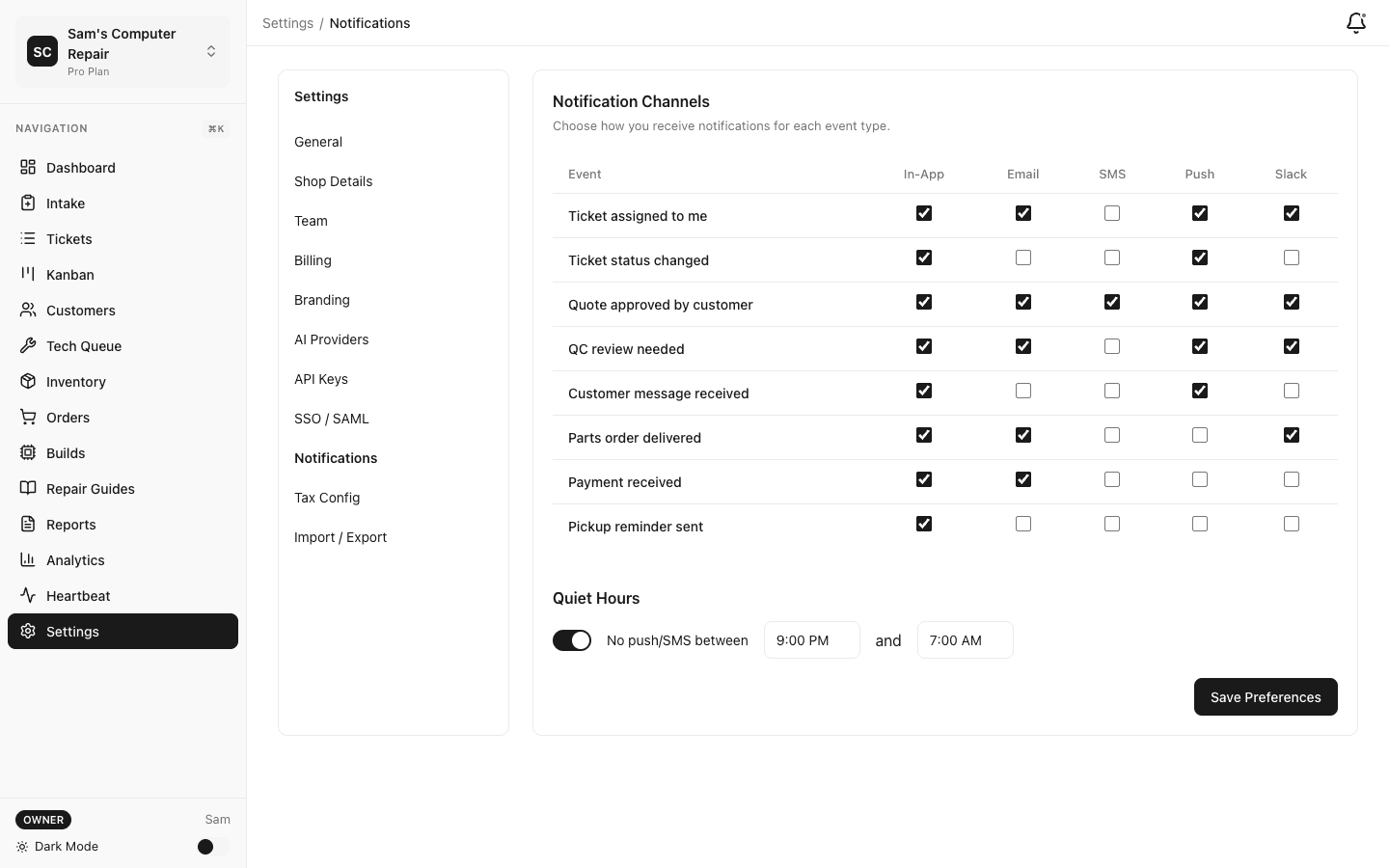 Notification preferences and configuration